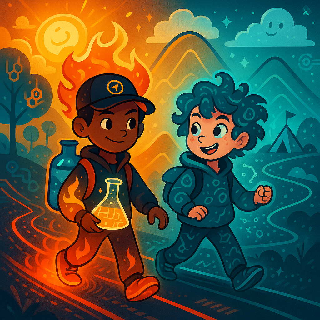 The Thermal Twins: Enthalpy in warm orange with a flask showing ΔH, and Entropy in cool teal with swirling patterns